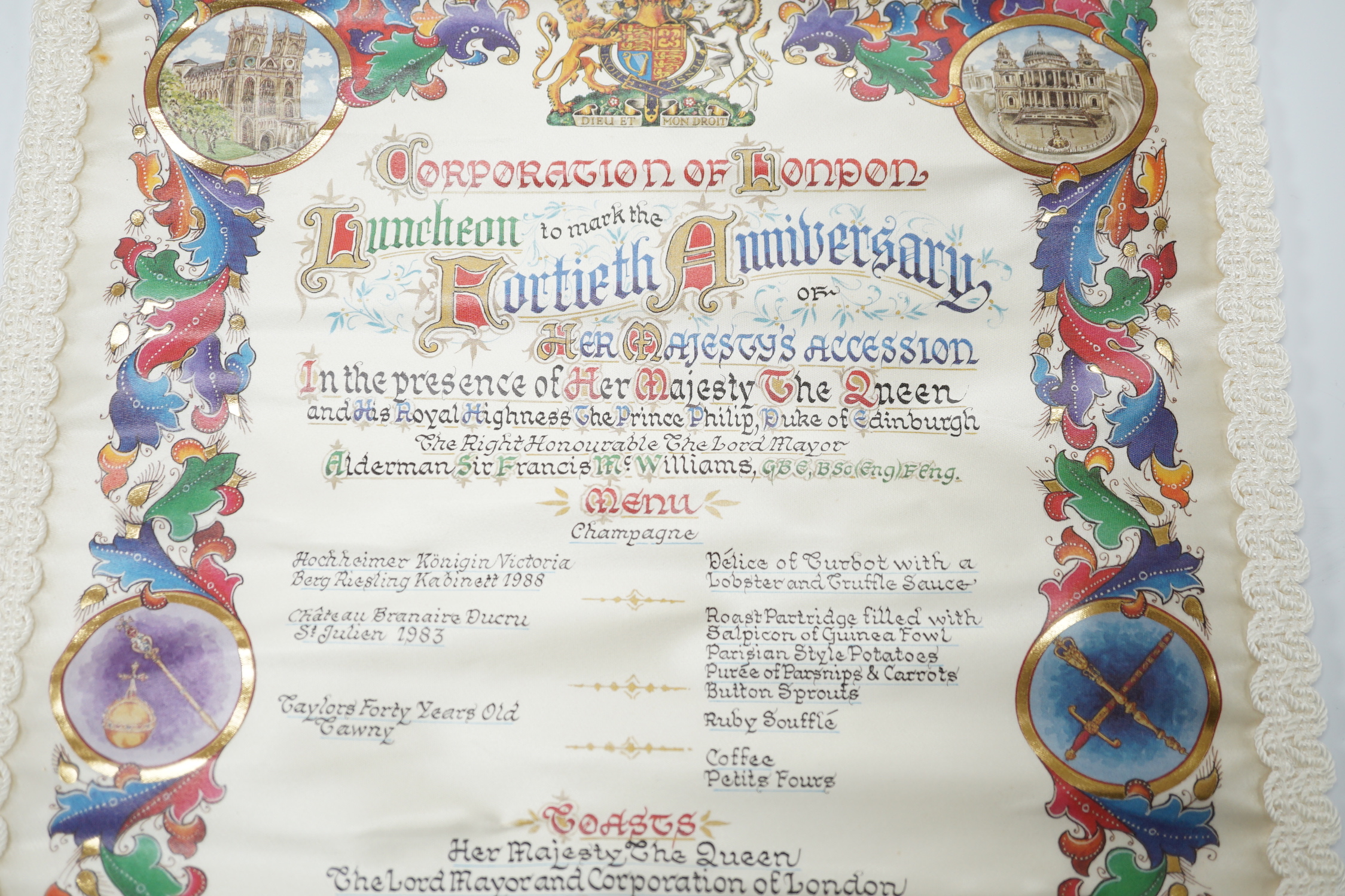 A QEII Guildhall commemorative luncheon scroll, November 24, 1992